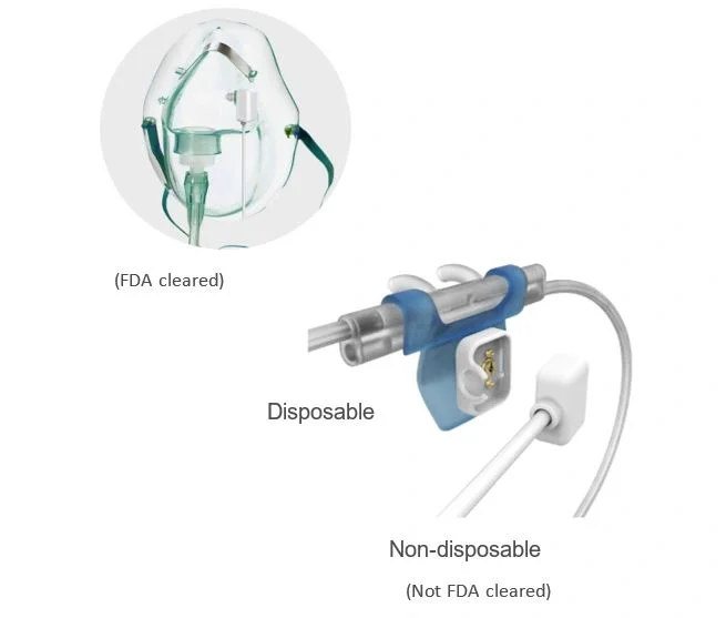 Original Linshom image: FDA-cleared mask, disposable sensor and non-disposable component labelled not FDA cleared